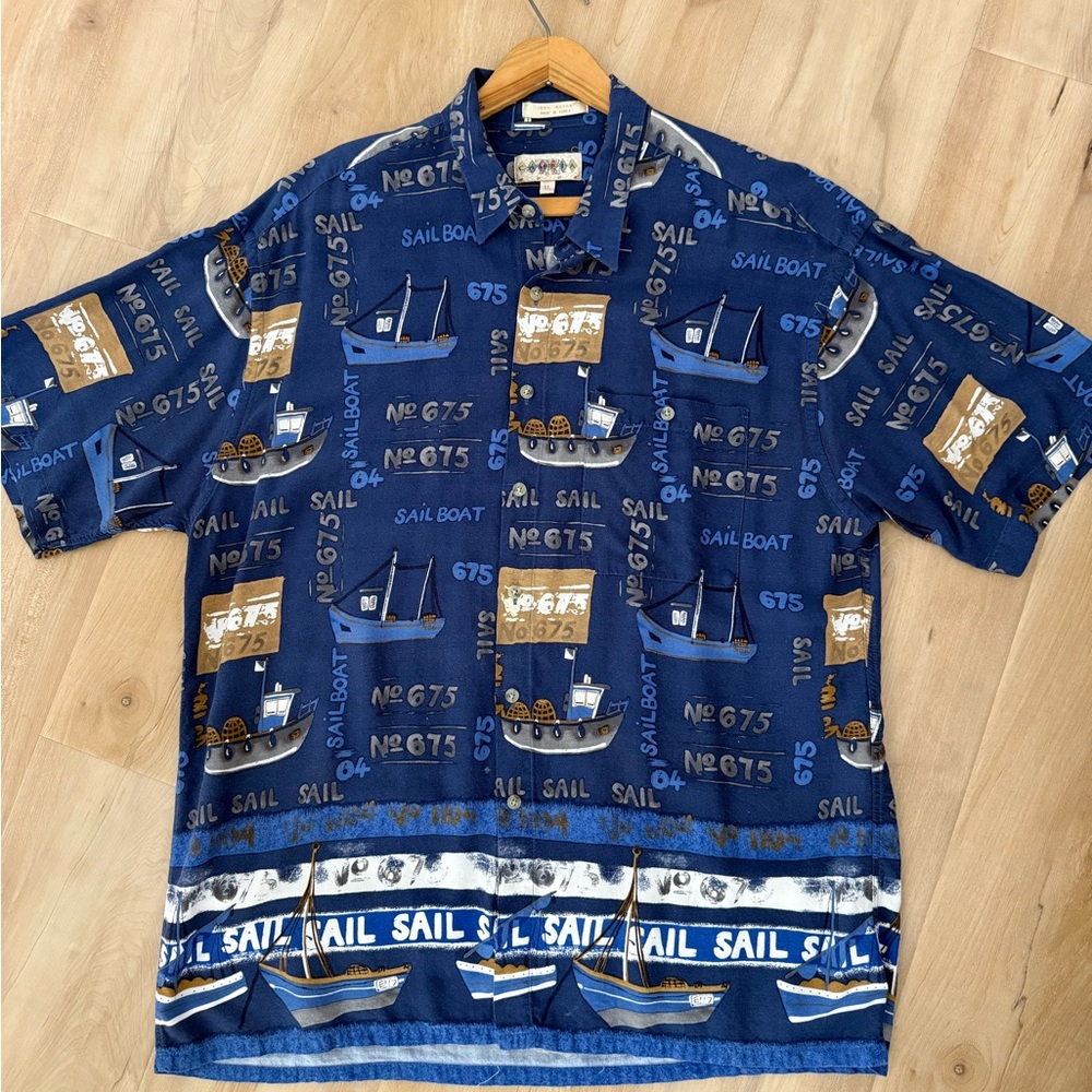 Vintage Campia Moda Navy Blue Sailboat Print  casual Men’s button down